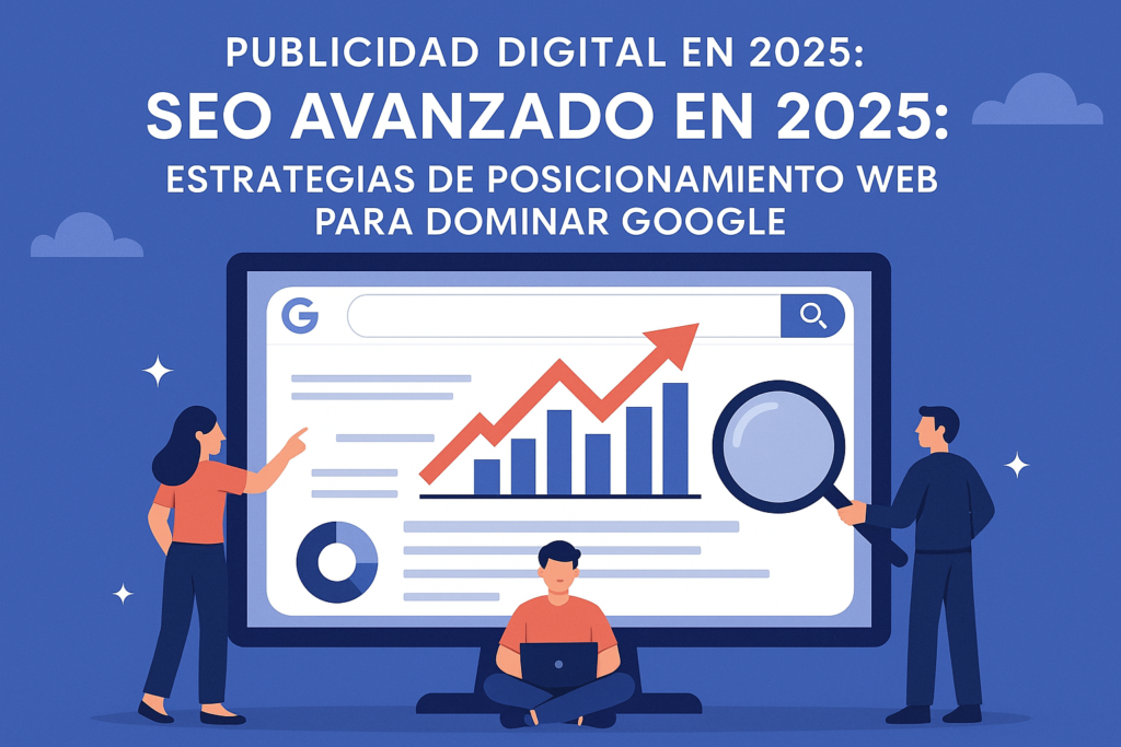 Ilustración moderna sobre publicidad digital y SEO avanzado en 2025, con gráficos de crecimiento, buscador de Google y profesionales analizando estrategias de posicionamiento web.