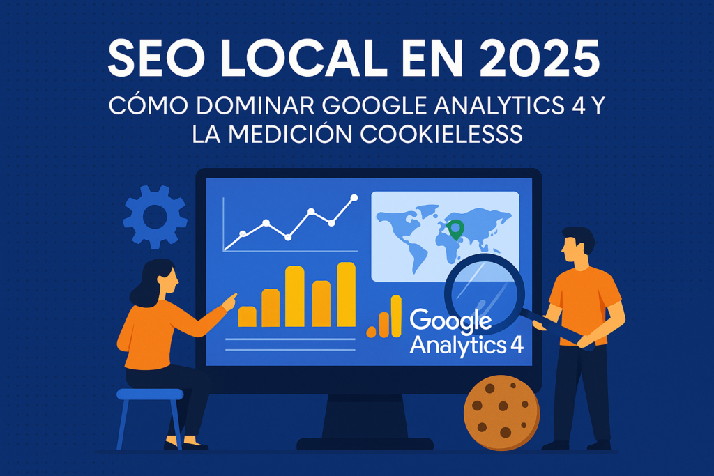 Ilustración digital sobre SEO local en 2025 con Google Analytics 4 y medición cookieless, mostrando dos personas analizando gráficos y métricas en un monitor