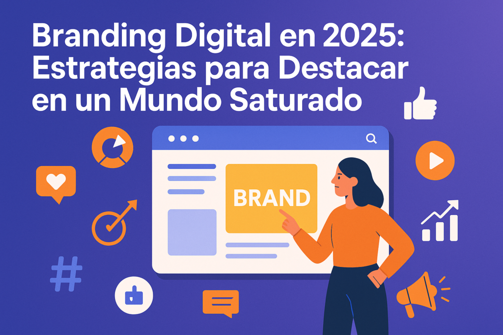 Ilustración digital sobre branding digital en 2025, con una mujer interactuando en una pantalla web rodeada de iconos de marketing digital y redes sociales.