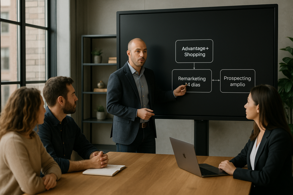 Estrategia de campañas de Meta Ads 2025 en pizarra digital.