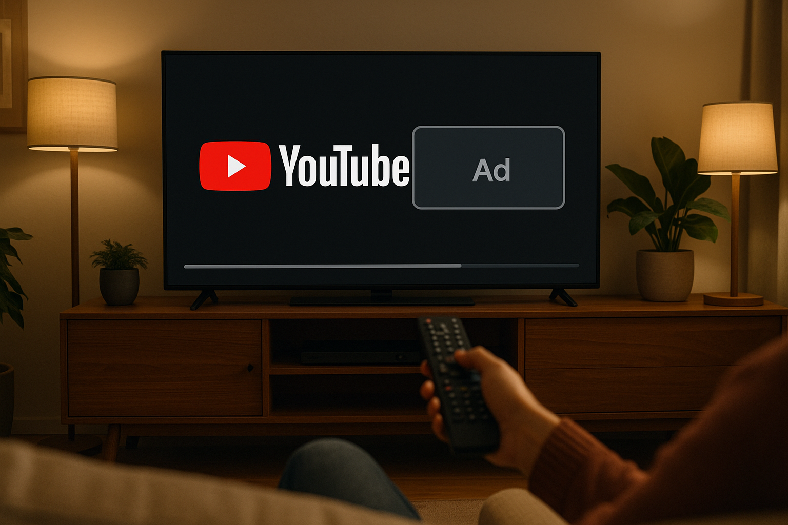 Persona viendo un anuncio de YouTube en una Smart TV mediante Connected TV en un salón moderno, con iluminación cálida y ambiente acogedor.