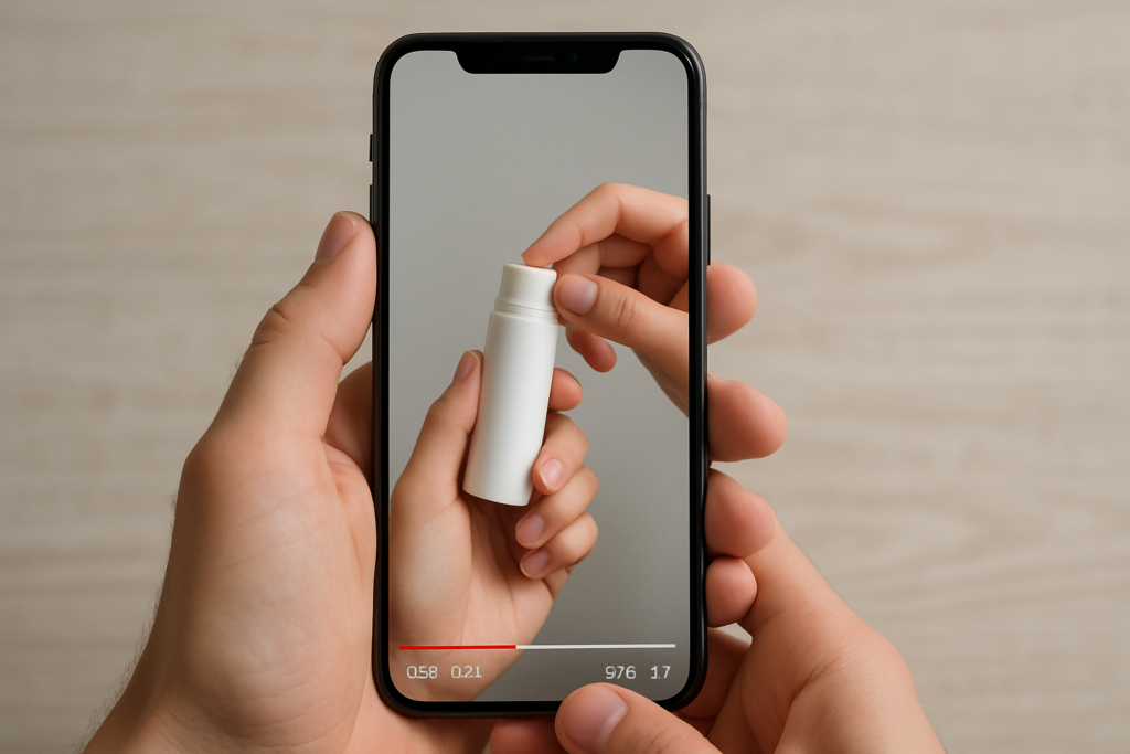 Fotografía realista de un smartphone en vertical reproduciendo un vídeo corto de YouTube con demostración de producto, sostenido por manos sobre fondo neutro, ideal para webs de marketing digital y contenido audiovisual.