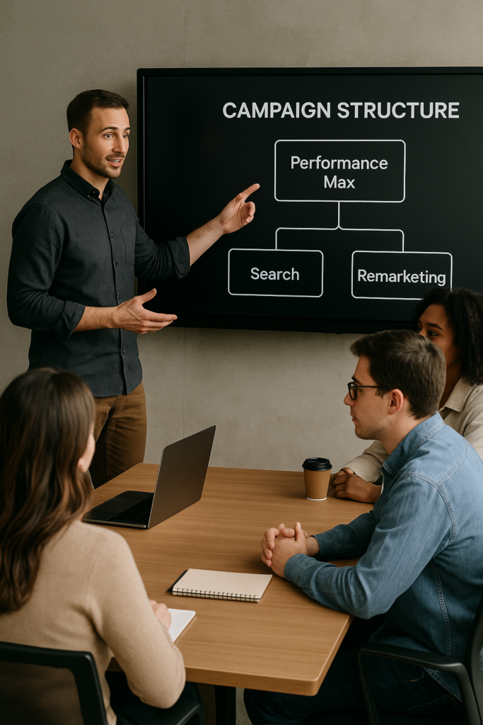 Estrategia de campañas de Google Ads 2025 explicada en pizarra digital.