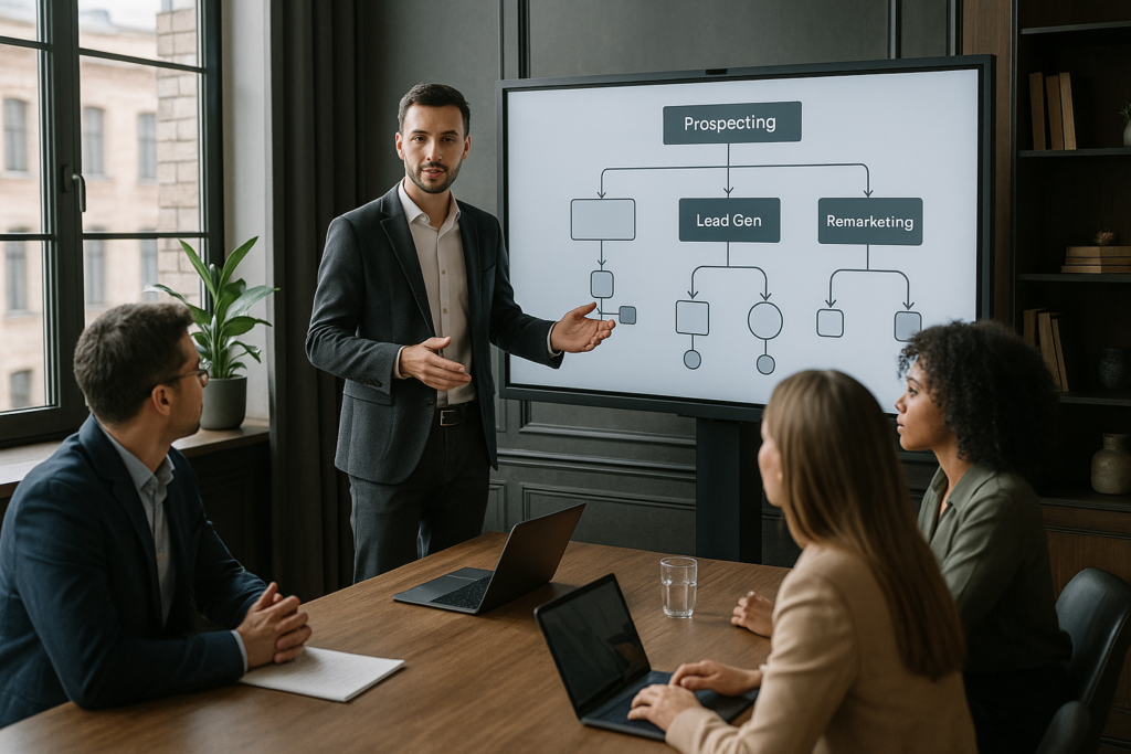 Consultor B2B presentando en una pizarra digital una estrategia de marketing con las fases de prospección, generación de leads y remarketing ante su equipo en una oficina moderna y elegante. Imagen realista enfocada en trabajo en equipo y planificación de campañas digitales.