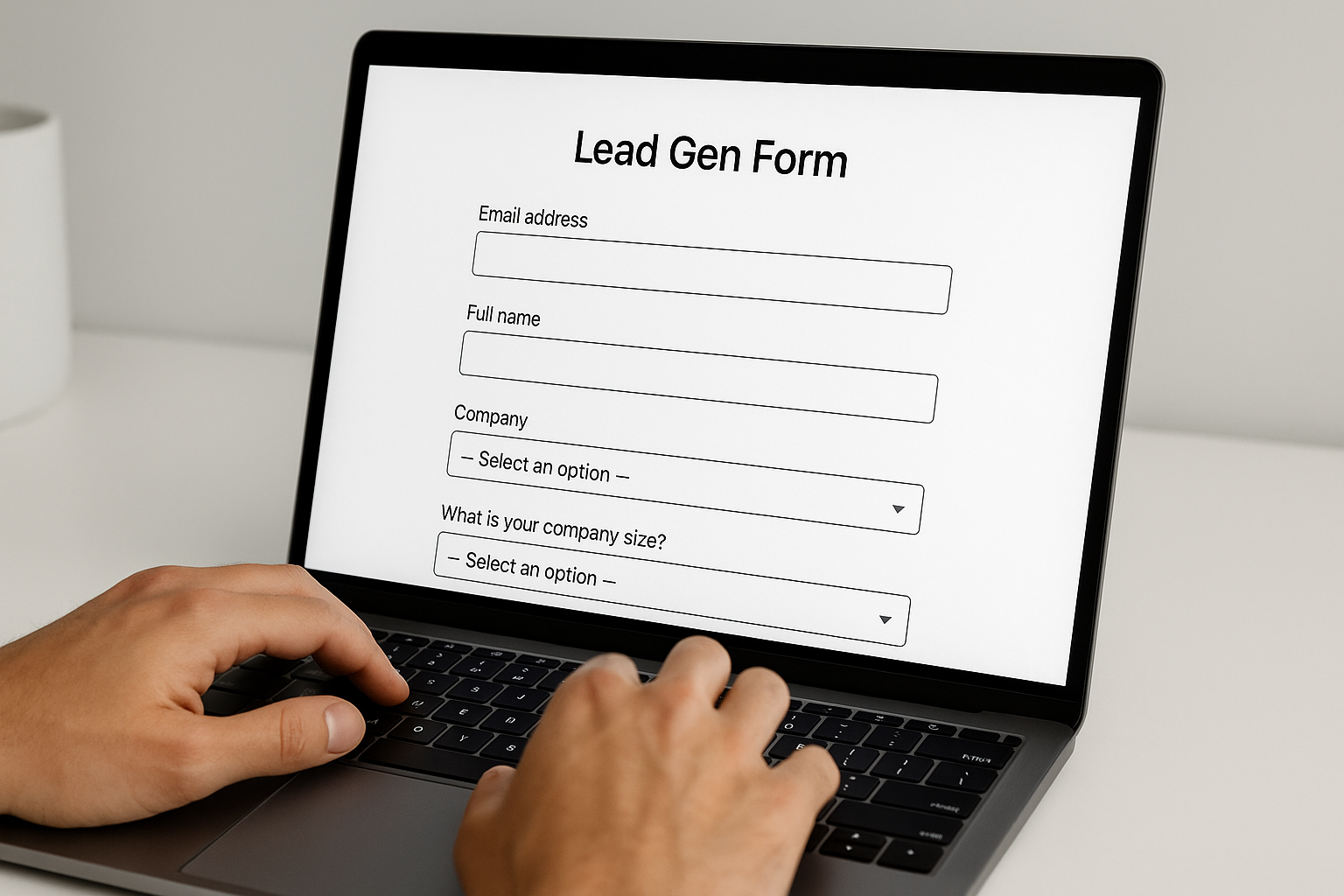 Primer plano de un portátil con un formulario de generación de leads en LinkedIn, mostrando campos de contacto y preguntas de cualificación. Manos tecleando en un entorno de trabajo minimalista y profesional, sin logotipos visibles.