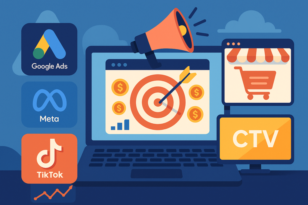 Ilustración digital sobre publicidad digital en 2025 con Google Ads, Meta, TikTok, Retail Media y CTV en un entorno tecnológico