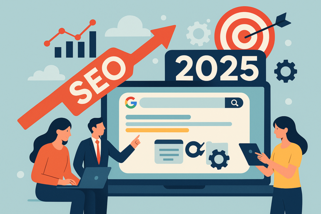 Ilustración digital sobre estrategias avanzadas de SEO en 2025, con profesionales trabajando en un ordenador y gráficos de posicionamiento web en Google.