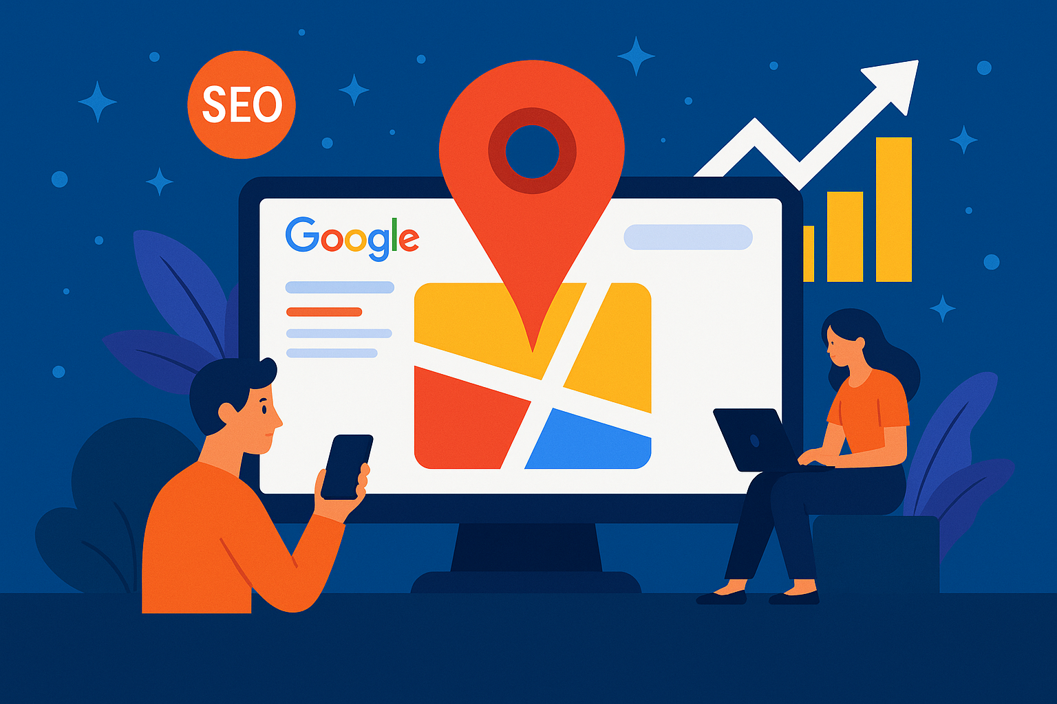 Ilustración digital sobre SEO local en 2025 con mapa, ordenador, personas usando móvil y portátil, y gráfico ascendente que representa estrategias para mejorar la visibilidad en Google.