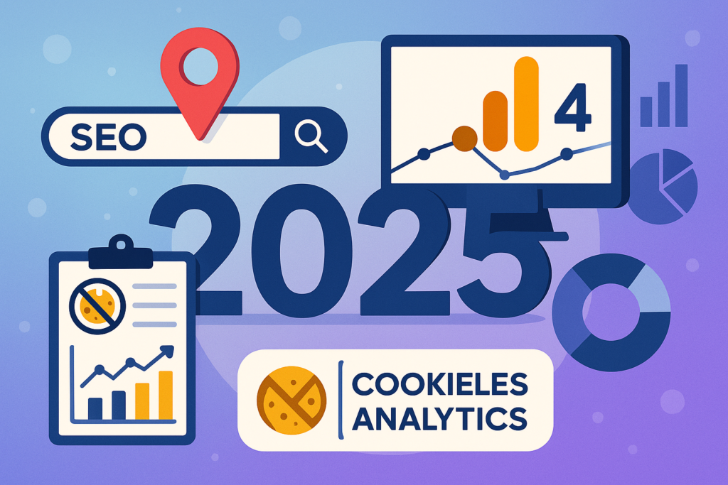 Ilustración digital sobre SEO local en 2025, analítica digital cookieless y Google Analytics 4, con iconos de gráficos, ubicación y análisis de datos