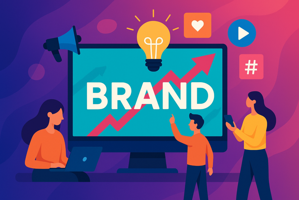 Ilustración digital moderna sobre branding digital en 2025 con profesionales trabajando en estrategias de marca online.