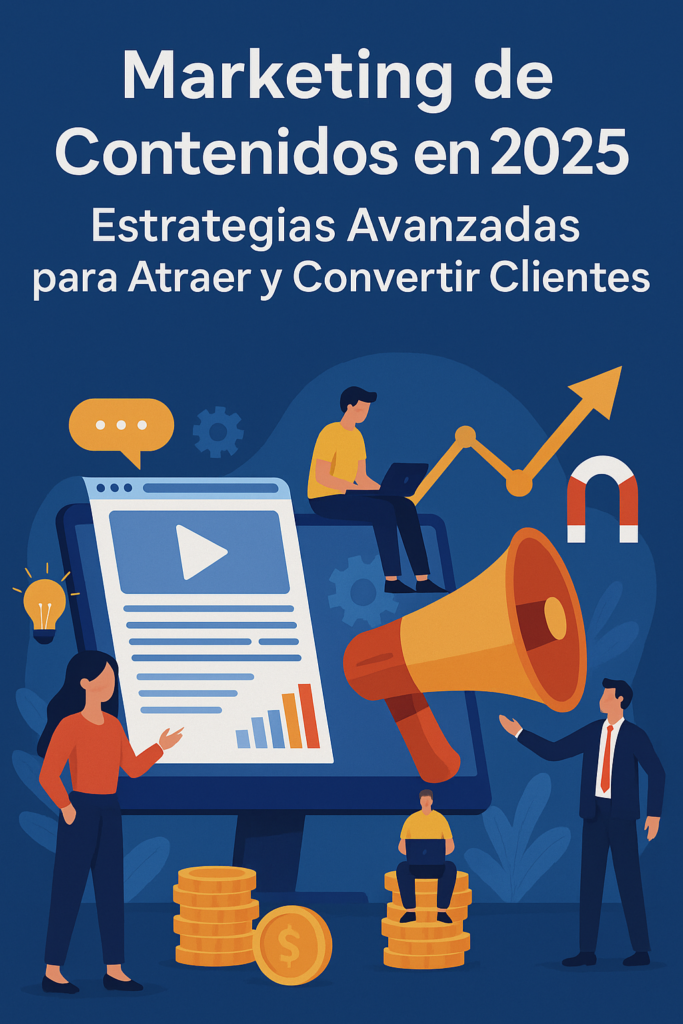 Ilustración sobre marketing de contenidos en 2025 con personas, gráficos, ordenador y megáfono representando estrategias avanzadas para atraer y convertir clientes