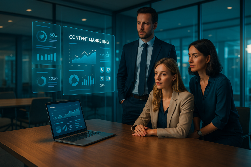 Estrategias avanzadas de marketing de contenidos en 2025 con equipo de profesionales y tecnología digital futurista en oficina moderna