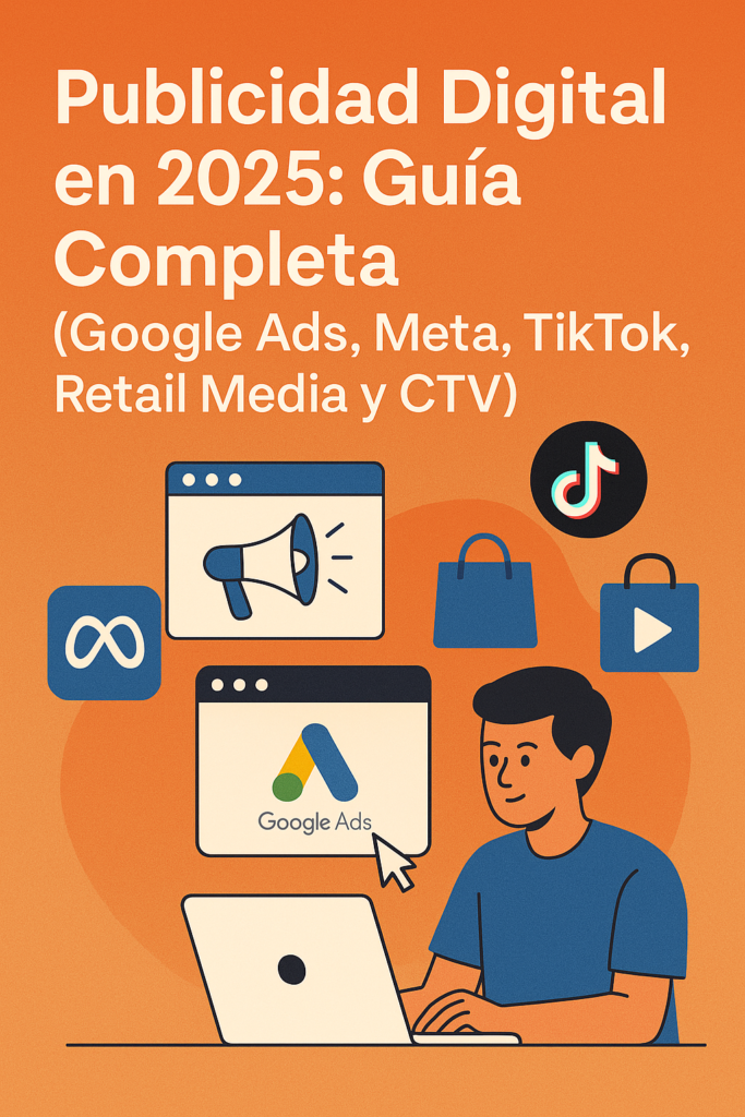 Ilustración moderna sobre publicidad digital en 2025 con plataformas como Google Ads, Meta, TikTok, Retail Media y CTV, mostrando un profesional trabajando en marketing online.