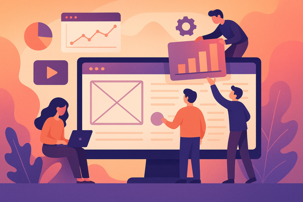 Ilustración digital moderna que representa tendencias de diseño web en 2025, con profesionales trabajando en pantallas, gráficos y elementos visuales innovadores para destacar en el mundo digital.