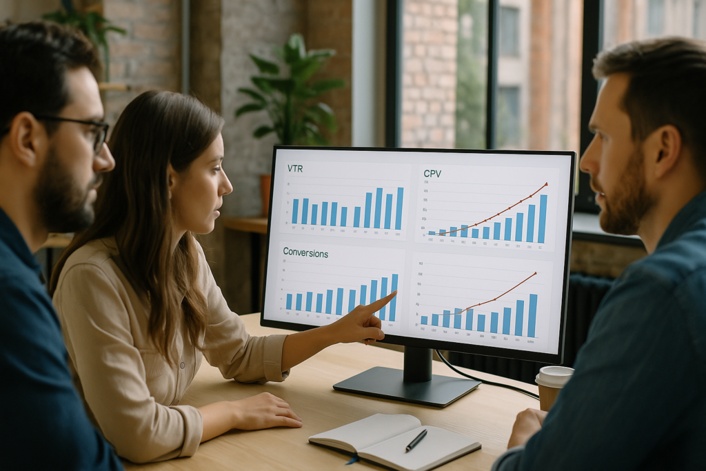 Profesionales de marketing analizan en una oficina moderna un dashboard de YouTube Ads con métricas de VTR, CPV y conversiones en un monitor panorámico, optimizando campañas publicitarias digitales.