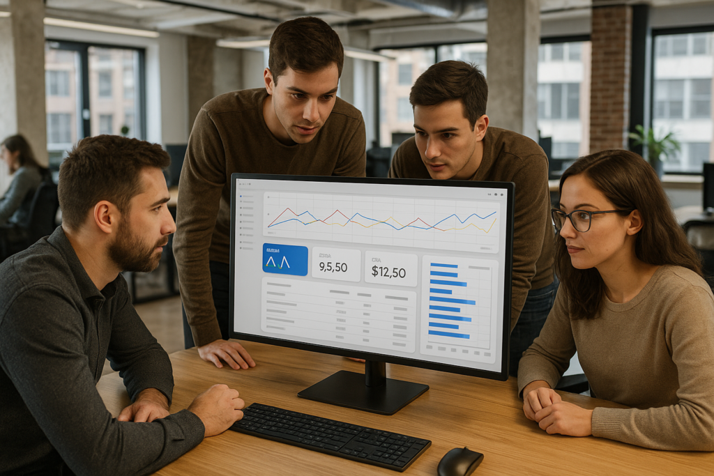 Campañas de Google Ads 2025 en monitor con métricas de ROAS y CPA.