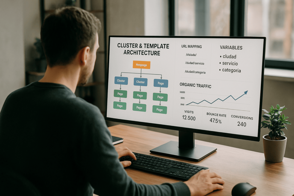 Consultor de SEO analizando una arquitectura de clusters y plantillas web en una agencia digital, con un mapa de URL, variables de ciudad, servicio y categoría, y métricas de tráfico orgánico en pantalla panorámica.