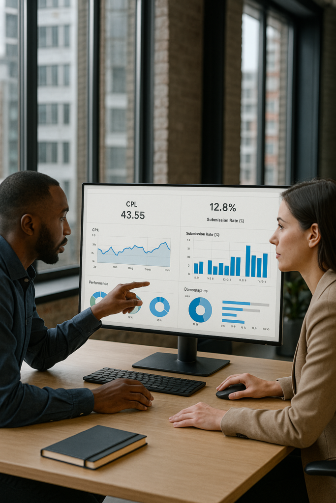 Dos especialistas en marketing digital analizan en una oficina moderna las métricas de campañas en LinkedIn Campaign Manager, observando datos de CPL y tasa de envío en un monitor panorámico con luz natural.
