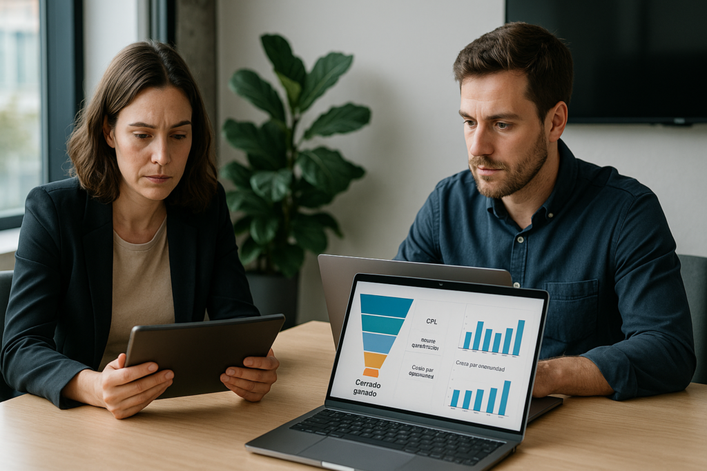 Directora de marketing y responsable de ventas analizan en una sala de reuniones moderna un pipeline de CRM con métricas de LinkedIn Ads en tablet y portátil, bajo luz natural.