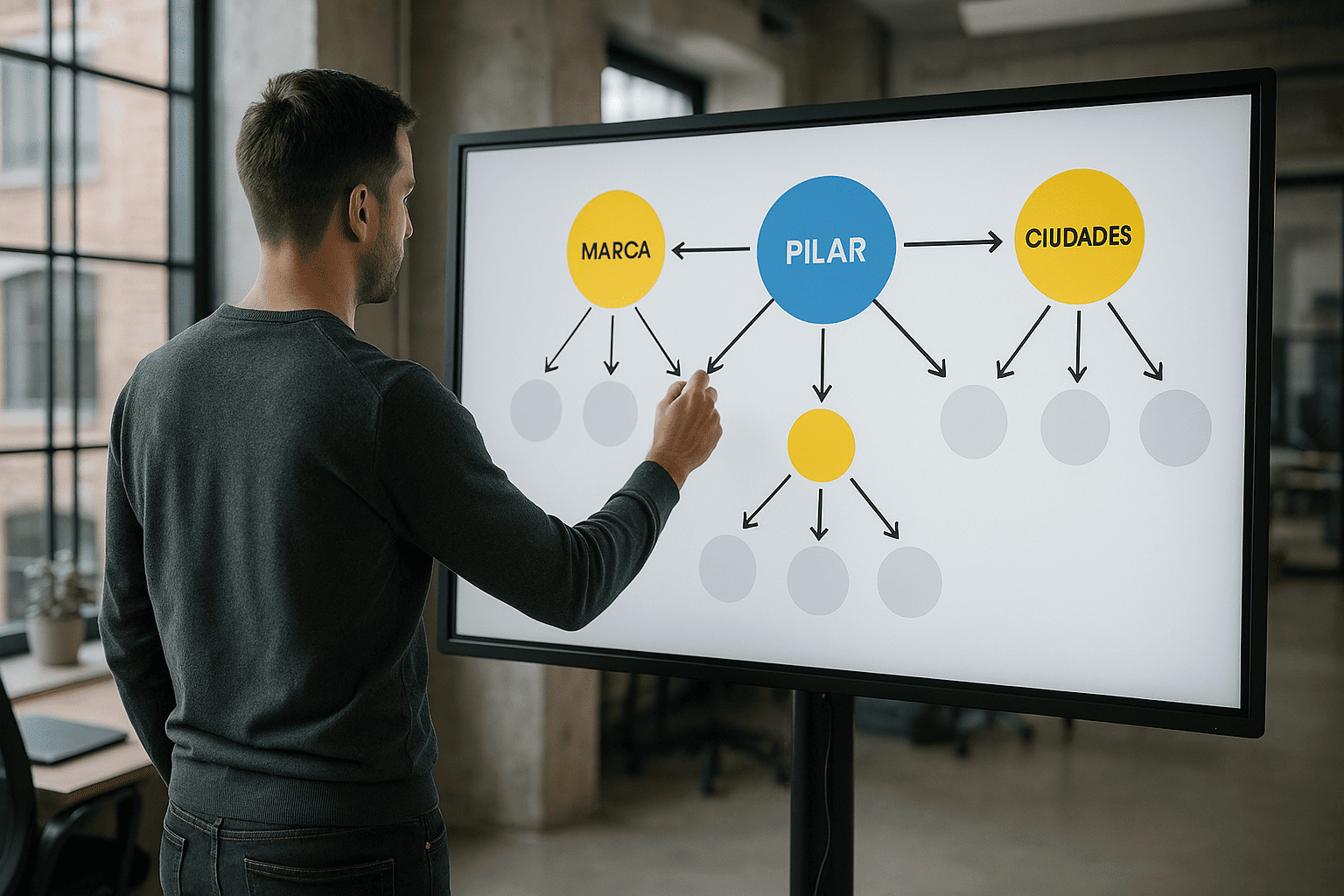 Estratega SEO analizando un mapa de entidades en una pizarra digital dentro de una oficina moderna, trabajando la relación entre marca, servicios y ciudades para mejorar el posicionamiento web.