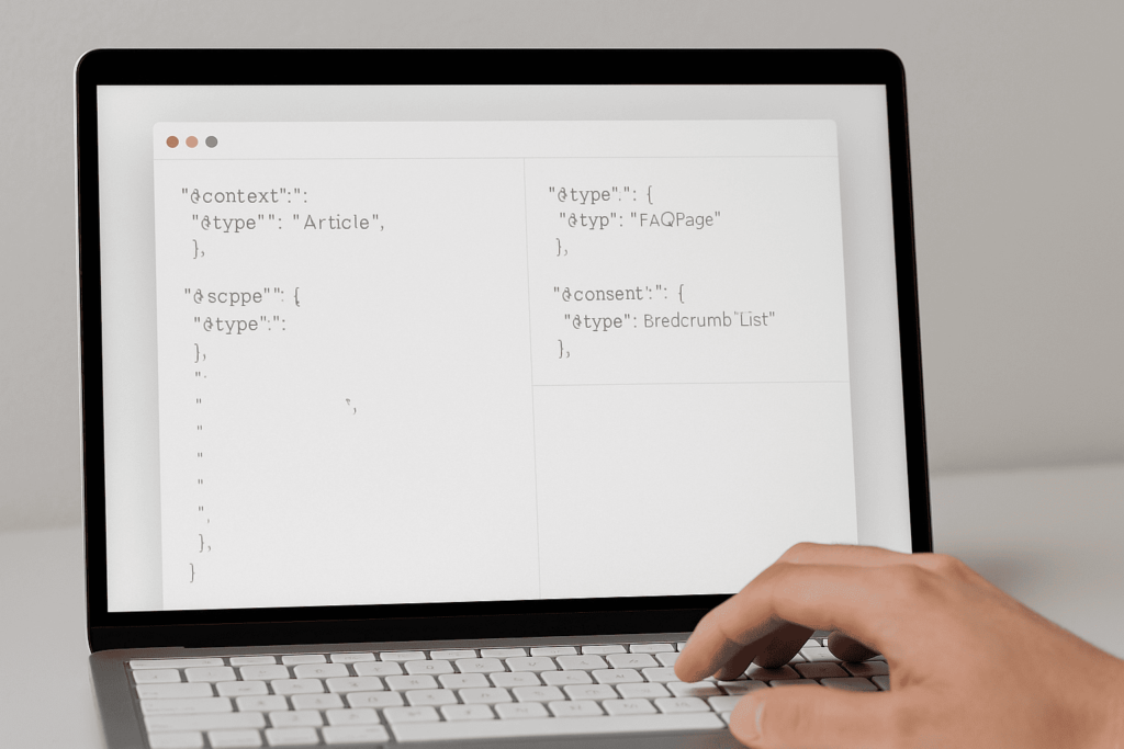 Editor visual minimalista mostrando bloques JSON-LD para Article, FAQPage y BreadcrumbList en un entorno realista, representando la implementación de datos estructurados para SEO.