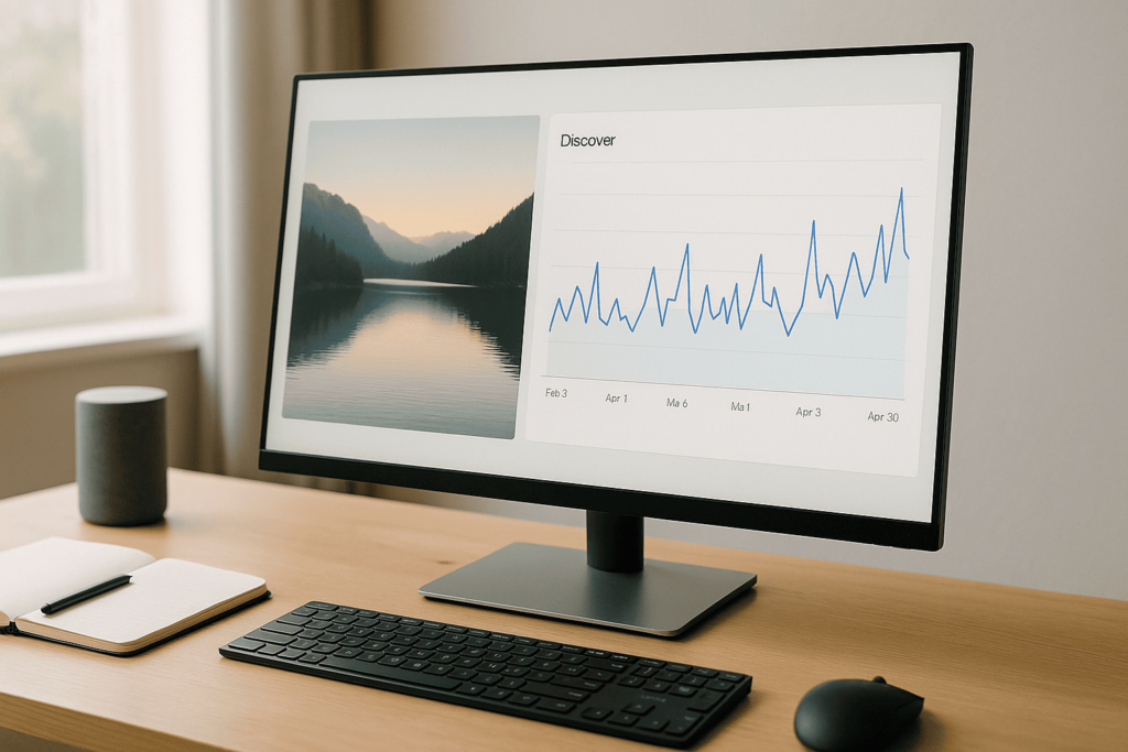 Escritorio de agencia con monitor mostrando picos de tráfico del feed Discover y una imagen hero a la izquierda, en un entorno realista con luz natural y estilo minimalista.