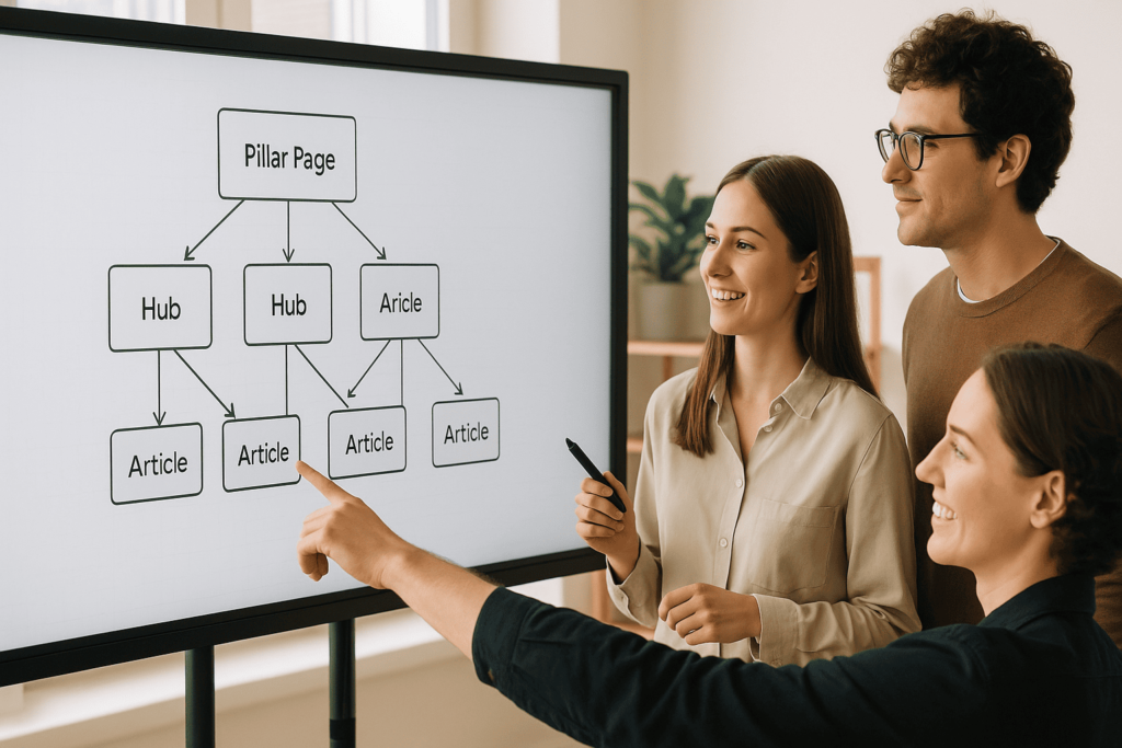 Equipo en una oficina luminosa señalando un mapa de contenidos tipo pilar, hubs y artículos sobre una pizarra digital, con flechas de interlinking representadas de forma realista.