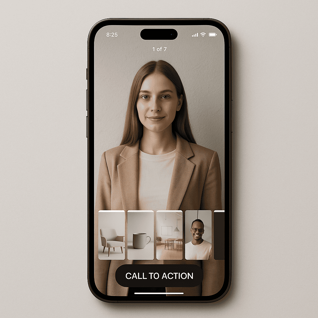 Smartphone mostrando una Web Story de siete pantallas con fotografías verticales limpias y un CTA final, sobre un fondo neutro y con estilo realista.