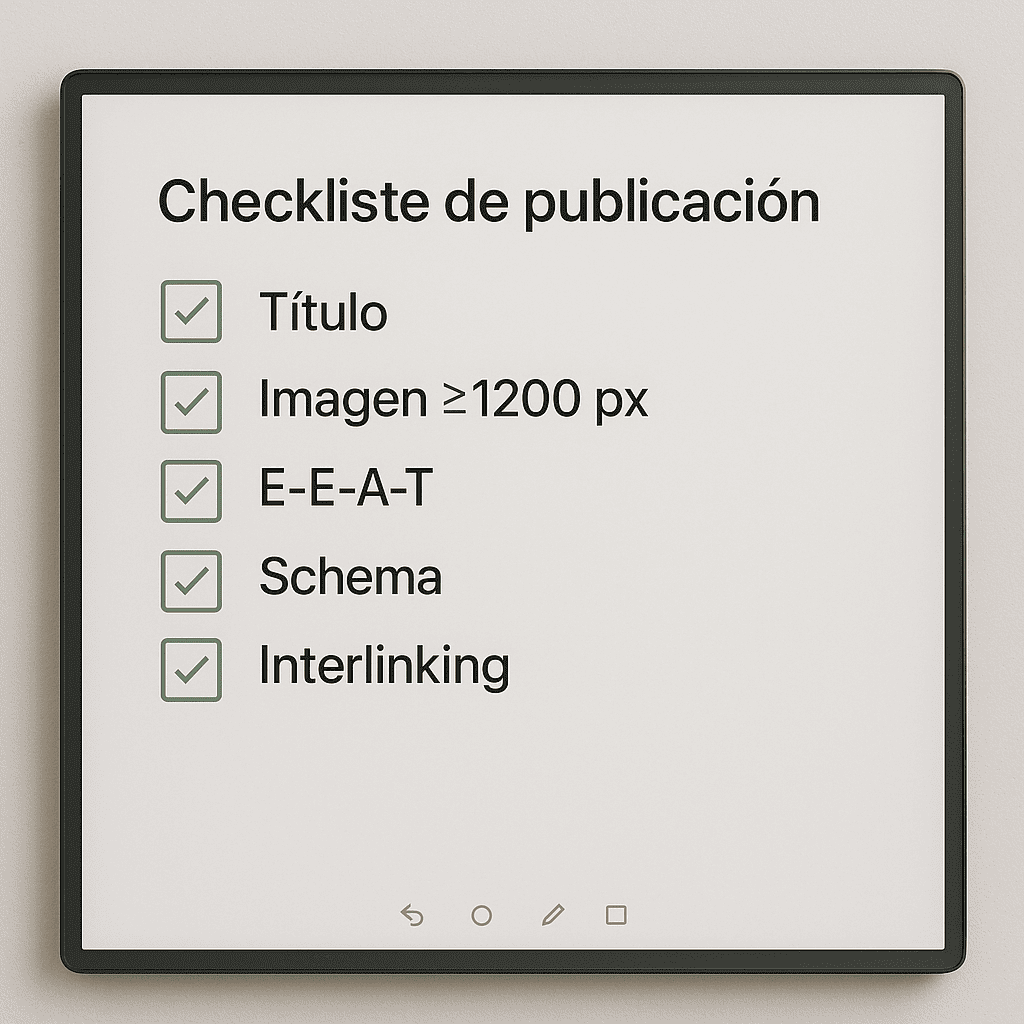 Checklist de publicación en una pizarra digital realista con puntos clave como título, imagen de más de 1200 px, E-E-A-T, schema y interlinking, sobre un fondo neutro y sin logos.