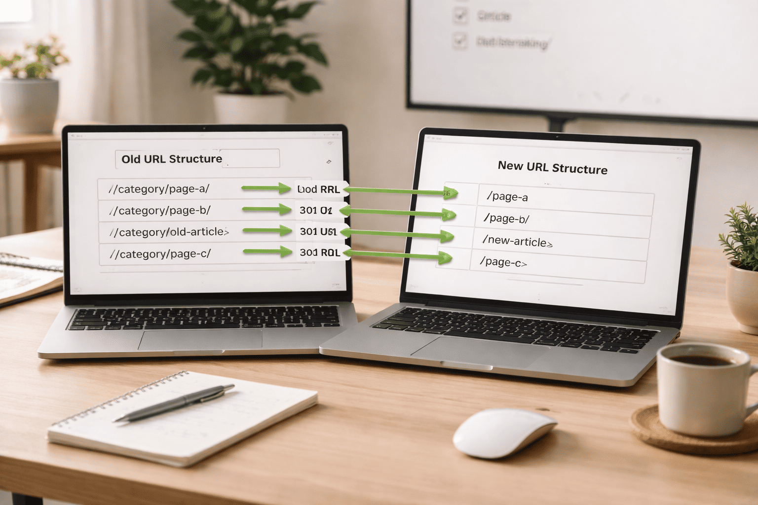 Arquitectura antigua vs nueva con plan de redirecciones 301 para migración SEO.