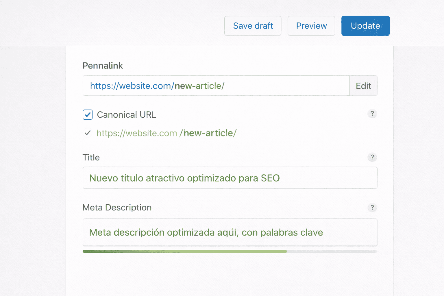 Edición de slug, canonical y metadatos durante una migración SEO.