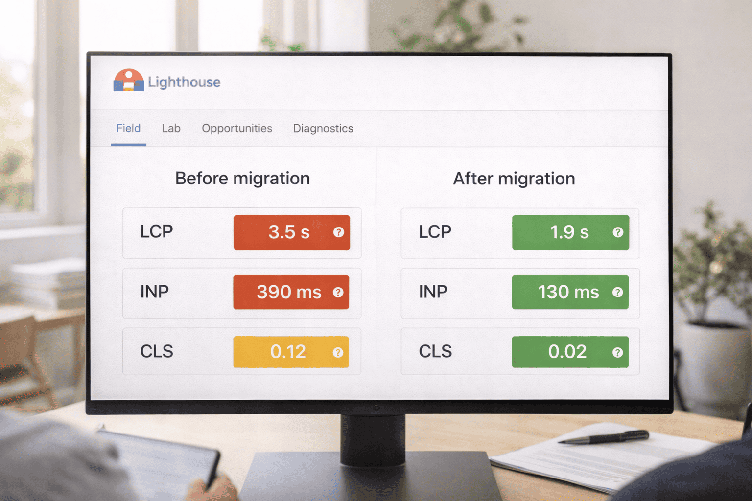 Comparativa de Core Web Vitals antes y después de la migración SEO.