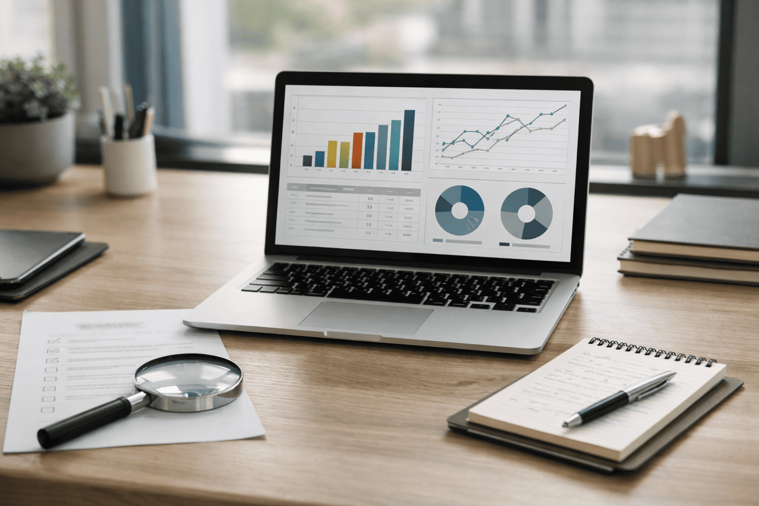 Auditoría SEO con checklist y análisis de rendimiento en escritorio de trabajo.