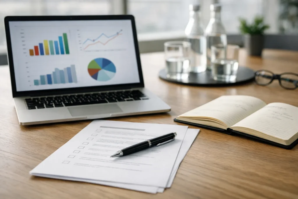Reunión de trabajo para elegir agencia SEO con checklist y análisis de métricas