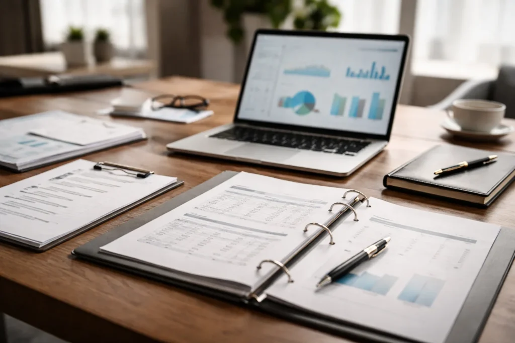 Presupuesto SEO profesional con checklist y análisis de métricas en escritorio de trabajo.
