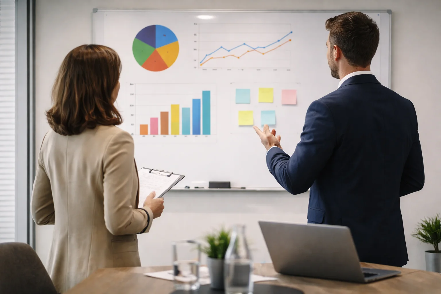 Reunión estratégica para elegir agencia SEO cerca y definir objetivos de negocio.