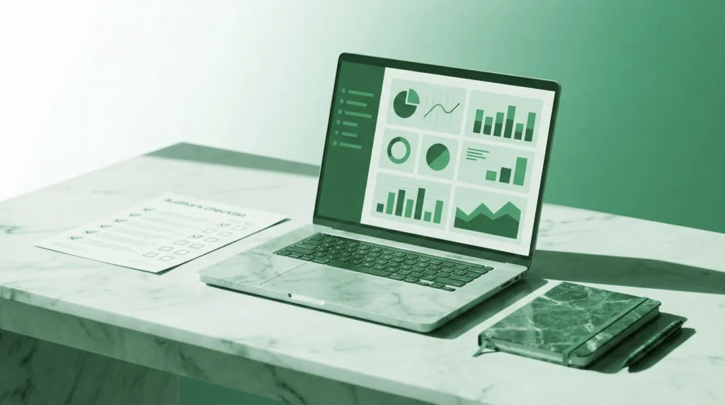 Auditoría Google Ads en estética editorial verde: checklist y revisión de métricas en un escritorio profesional.