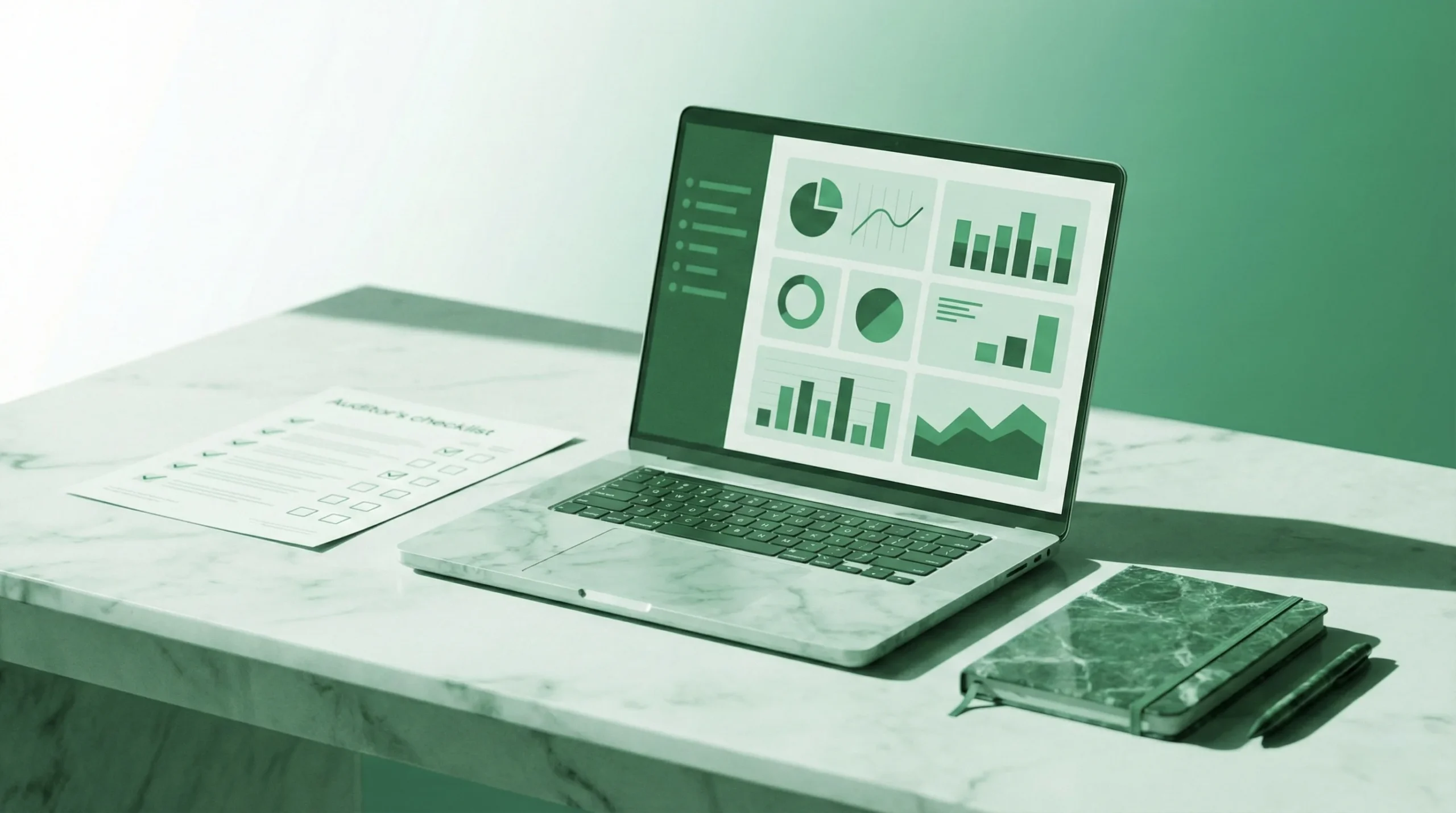 Auditoría Google Ads en estética editorial verde: checklist y revisión de métricas en un escritorio profesional.