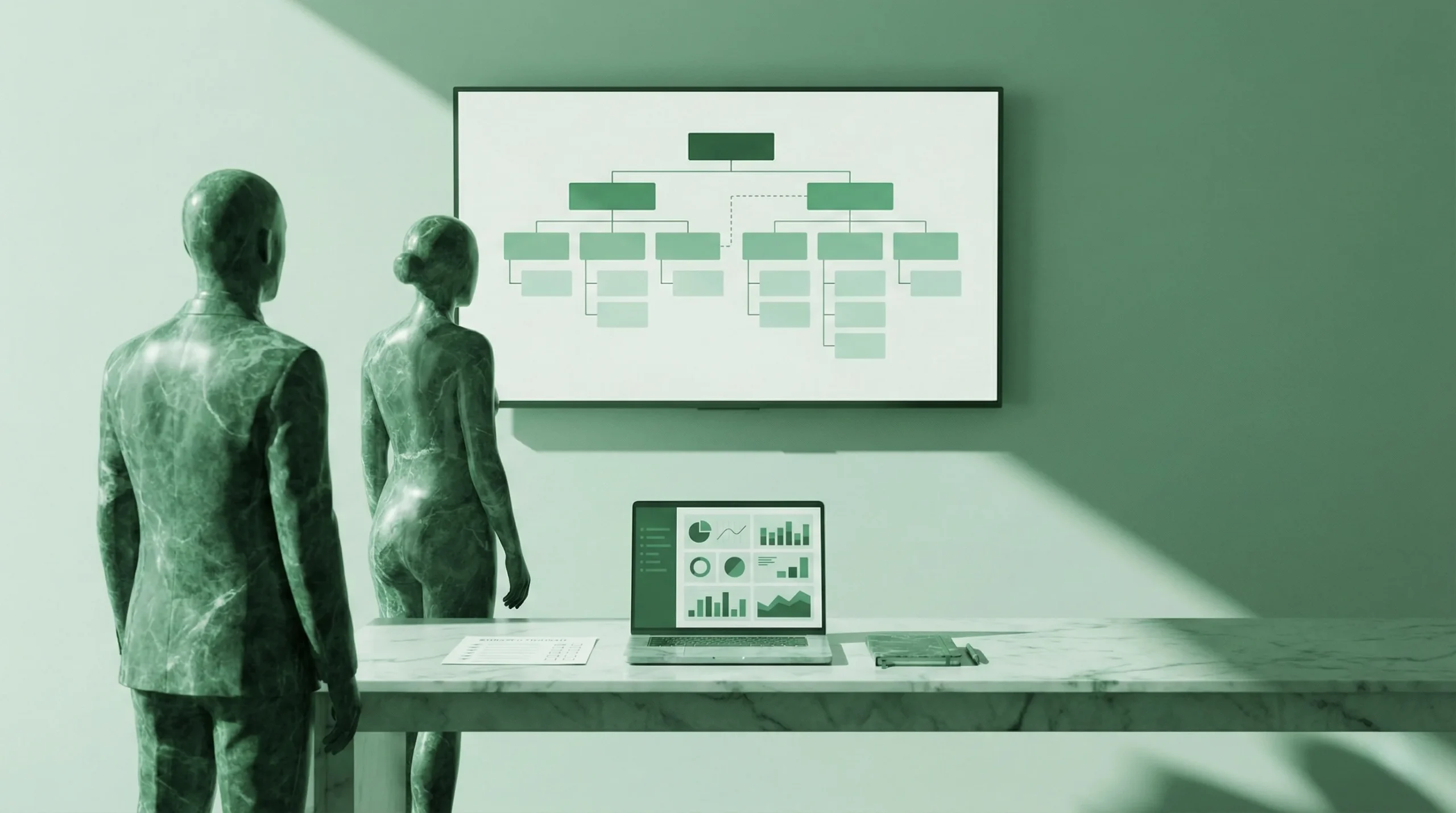 Auditoría Google Ads con enfoque en estructura de campañas, mostrada en una escena editorial verde de sala de reuniones.