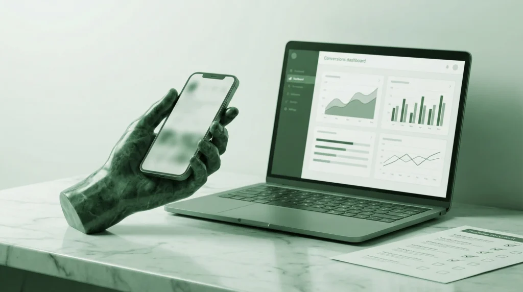 Auditoría Google Ads con enfoque en estructura de campañas, mostrada en una escena editorial verde de sala de reuniones.